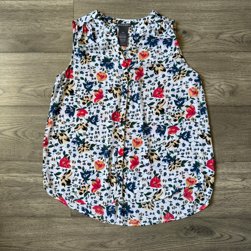 Chelsea & Theodore‎ Womens Floral Sleeveless Blouse V-Neck Pleated Back Top M